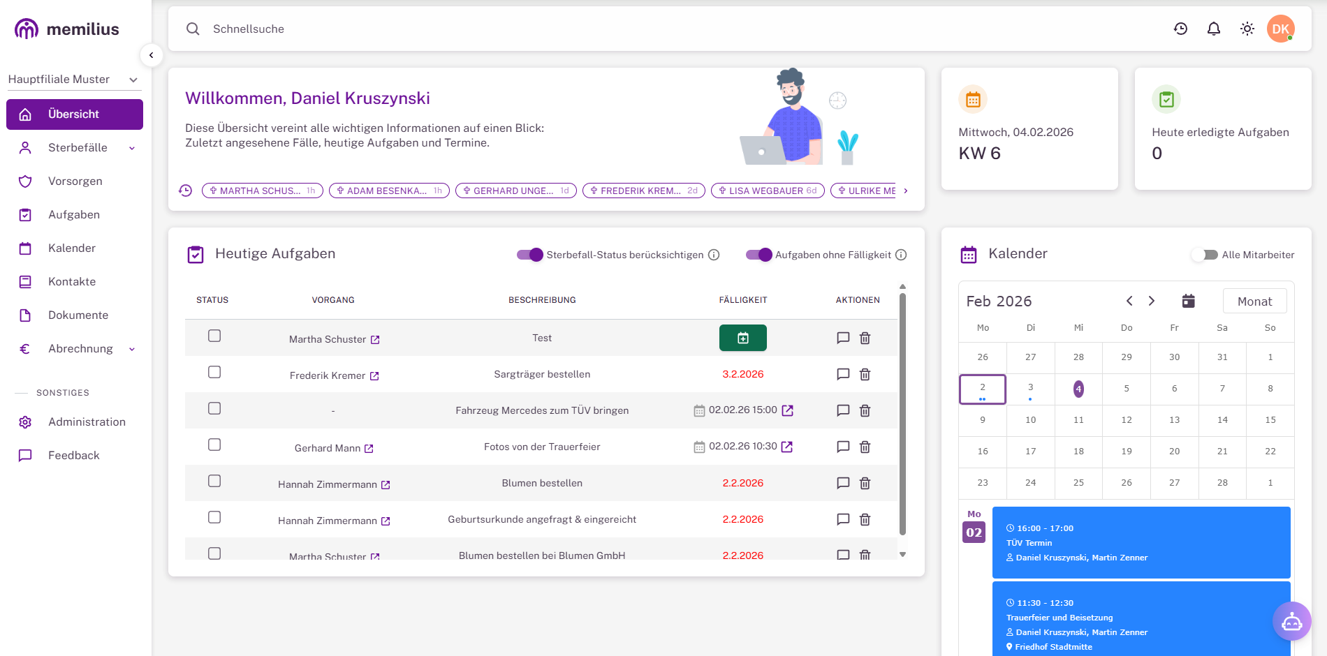 Bestattersoftware Dashboard
