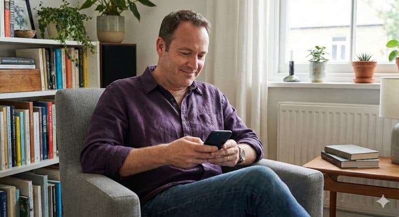 Mann arbeitet am Smartphone in seinem Wohnzimmer (KI-generiert)