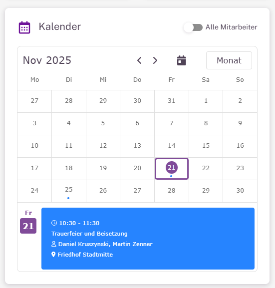 Termine als Kachel im Dashboard der Bestattersoftware