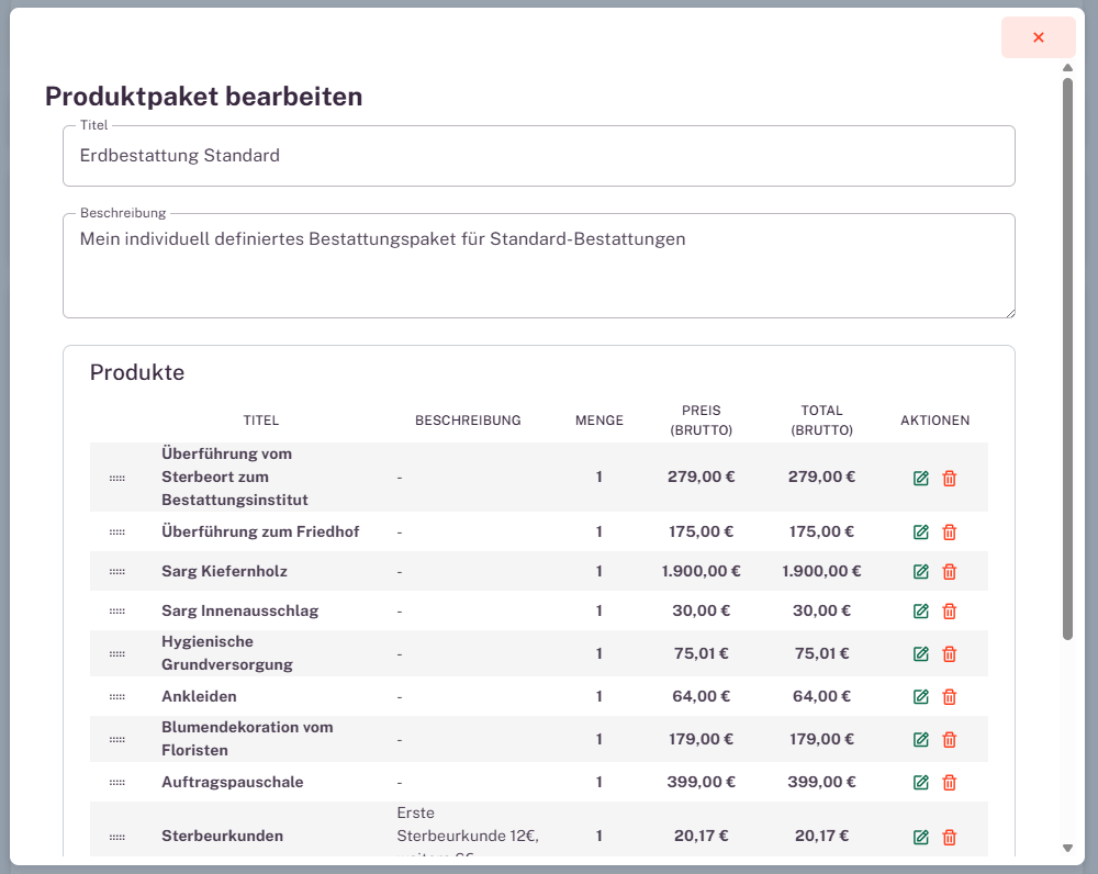 Produktpakete in der memilius Bestattersoftware